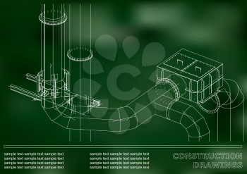Construction drawings. 3D metal construction. Pipes, piping. Cover, background for text. Green