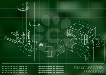 Construction drawings. 3D metal construction. Pipes, piping. Cover, background for text. Green. Grid