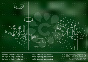 Construction drawings. 3D metal construction. Pipes, piping. Cover, background for text. Green. Points