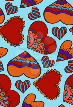 Cute seamless pattern. Doodle. Love. Heart. Hand drawing. Sketch. Blue background