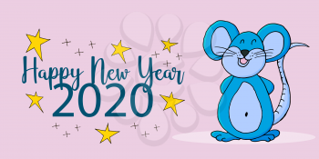 2020 typographic inscription on a pink background. Happy New Year 2020. Web banner, print, typography. Year of the Rat. Cartoon style