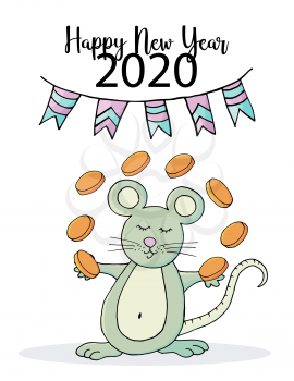 Cute mouse or rat, symbol of 2020. New Year greeting card, flyer, banner. Holiday poster, invitation. Eps 10. Happy new year