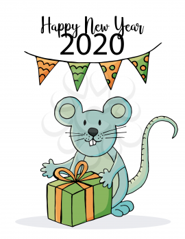 Cute mouse or rat, symbol of 2020. New Year greeting card, flyer, banner. Holiday poster. Vector style. Happy new year