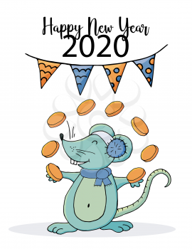 Cute mouse or rat, symbol of 2020. New Year greeting flyer. Happy new year