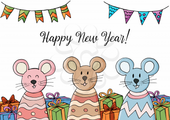 Happy New Year 2020. Year of the Rat. Symbol of the year. Festive flyer, banner. Baby calendar cover, cartoon design