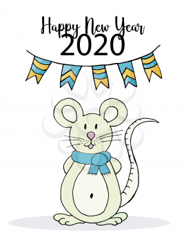 Happy new year. Cute mouse or rat, symbol of 2020. New Year greeting card, flyer, banner. Holiday poster. Vector style, eps 10