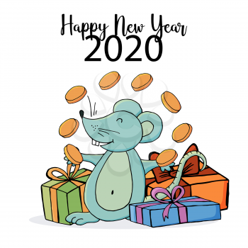 Year of the Rat 2020. Festive symbol on a white background. Happy New Year 2020. Banner, postcard. Rat with gifts in cartoon style