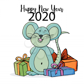 Year of the Rat 2020. Festive symbol on a white background. Happy New Year 2020. Banner. Rat with gifts in cartoon style