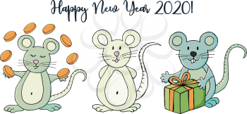 Year of the Rat. 2020 inscription on a white background. Happy New Year 2020. Banner, flyer, postcard. Symbol of the year. Three rats. Cartoon style