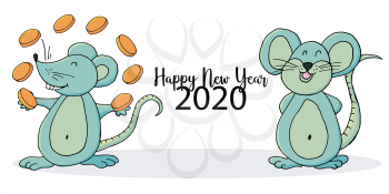 Year of the Rat. 2020 inscription on a white background. Happy New Year 2020. Banner, postcard. Symbol of the year. Two rats. Cartoon style