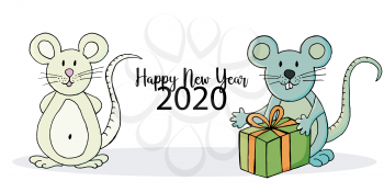 Year of the Rat. 2020 inscription on a white background. Happy New Year 2020. Banner. Symbol of the year. Two rats. Cartoon style