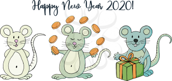 Year of the Rat. 2020 inscription on a white background. Happy New Year 2020. Cartoon style Banner, flyer. Symbol of the year. Three rats