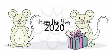 Year of the Rat. 2020 inscription on a white background. Happy New Year 2020. Cartoon style Banner, postcard. Symbol of the year. Two rats