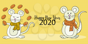 Year of the Rat. 2020 inscription on a yellow background. Happy New Year 2020. Banner, flyer, postcard. Symbol of the year. Two rats. Cartoon style