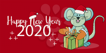 Year of the Rat. 2020 typographic inscription. Happy New Year 2020. Web banner, print, typography. Symbol of the year with a gift, in a New Year hat in cartoon style