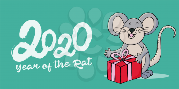 Year of the Rat. 2020 typographic inscription. Happy New Year 2020. Web banner, print, typography. Symbol of the year with a gift in cartoon style