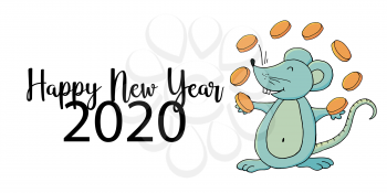 Year of the Rat. 2020 typographic inscription on a white background. Happy New Year 2020. Banner, flyer, postcard. Symbol of the year with coins in cartoon style