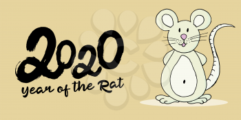 Year of the Rat. 2020 typographic inscription on a yellow background. Happy New Year 2020. Banner, flyer, postcard. Symbol of the year. Cartoon style