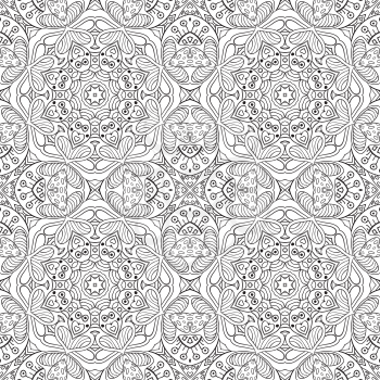 Seamless doodle pattern. Black and white background. Ethnic motives. Coloring