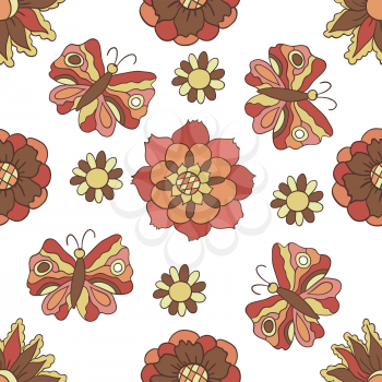 Seamless pattern. Autumn flowers. Butterflies. The pastel brown, orange and pink tone