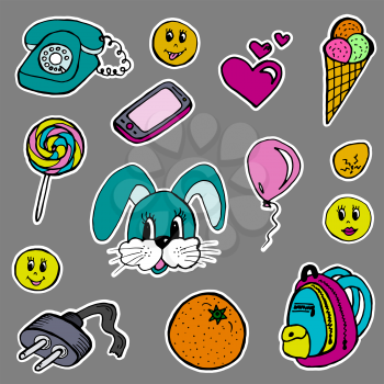 A set of fashion labels, badges. Hare, orange, smilies, old phone, mobile phone, heart, jack, balloon, egg, backpack, ice cream. Stickers, pins