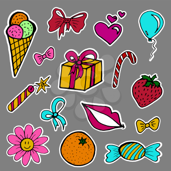 A set of fashion labels, badges. Ice cream, flower, candy, ribbons, balloons. Every object on a separate layer. Stickers, pins, patches, cartoon and comic style