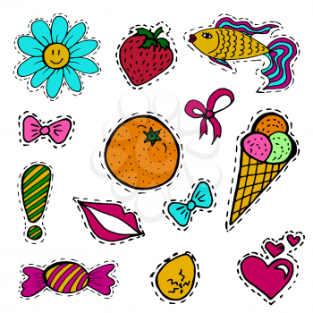 A set of fashion labels, badges. Ice cream, flowers, strawberries, bows, fish. Vector figures on a white background. Every object on a separate layer. Stickers, pins, patches, cartoon and comic style
