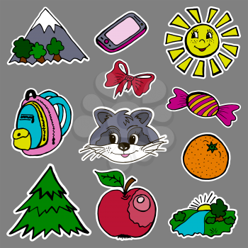 A set of fashion labels, badges. Mountains, sun, bow, candy, raccoon, backpack, fir, orange, apple, river. The images on separate layers. Stickers, pins cartoon