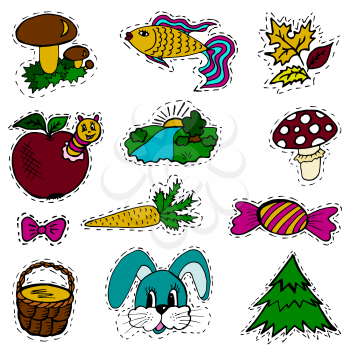 A set of fashion labels, badges. Mushrooms, mushroom, sweet, bow, fish, apple, caterpillar, carrots, autumn leaves, rabbit, pottle, fir. Vector figures on a white background, on separate layers. Stickers, pins