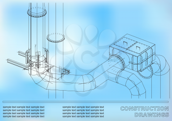 Construction drawings. 3D metal construction. Pipes, piping. Cover, background for text. Blue