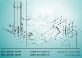 Construction drawings. 3D metal construction. Pipes, piping. Cover, background for text. Light blue