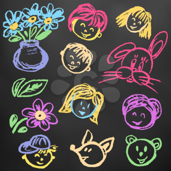 Children's drawings. Elements for the design of postcards, backgrounds, packaging. Color chalk on a blackboard. Persons, children, hare, bear, fox, flowers