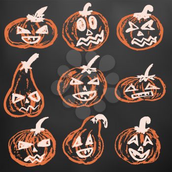 Halloween. A set of festive pumpkins. Color chalk on a blackboard. A collection of funny faces. Autumn holidays. Fun, children