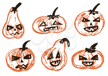 Halloween. A set of festive pumpkins. Vector illustration. Collection of funny faces. Autumn holiday