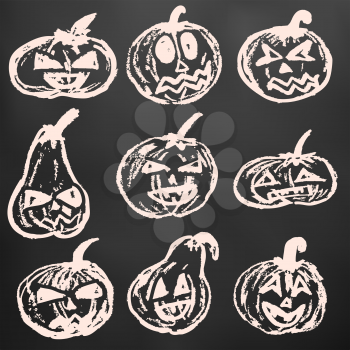 Halloween. A set of festive pumpkins. White chalk on a blackboard. A collection of funny faces. Autumn holidays. Fun, children