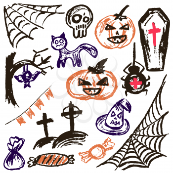 Halloween. A set of funny objects. Vector illustration. Collection of festive elements. Autumn holidays. Pumpkin, cobweb, skull, coffin, tree, bat, cemetery, candy, spider, flags, cat, witch hat
