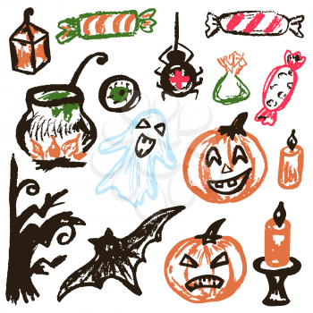 Halloween. A set of funny objects. Vector illustration. Collection of festive elements. Autumn holidays. Pumpkin, ghost, spider, candy, eye, cauldron, wood, bat, candle