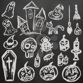 Halloween. A set of funny objects. White chalk on a blackboard. Collection of festive elements. Autumn holidays. Pumpkin, coffin, skull, candle, spider, broom, potion, ghosts, sinister castle, cat