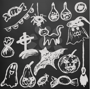 Halloween. A set of funny objects. White chalk on a blackboard. Collection of festive elements. Autumn holidays. Pumpkin, ghost, spider, candy, eye, bat, broom, flags, potion, cat, cemetery