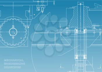 Blueprints. Engineering backgrounds. Mechanical engineering drawings. Cover. Banner. Technical Design. White and blue