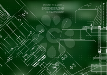 Blueprints. Mechanical construction. Technical Design. Cover. Banner. Green. Points