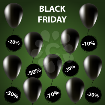 Doodle sale tag. Black friday Sale banner. Balloons in black. Super sale. Green background
