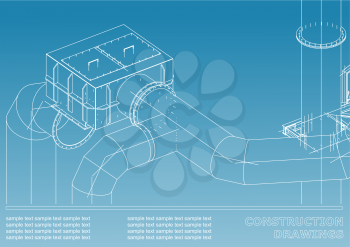 Drawings of steel structures. Pipes. 3d blueprint of steel structures. Cover, background for your design. Blue and white