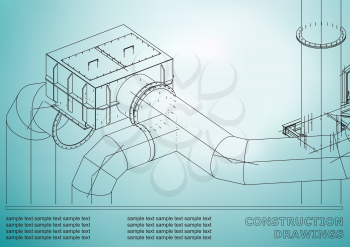 Drawings of steel structures. Pipes. 3d blueprint of steel structures. Cover, background for your design. Light blue