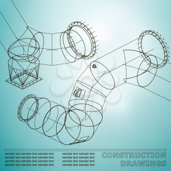Drawings of steel structures. Pipes and pipe. 3d blueprint of steel structures. Background for your design. Light blue