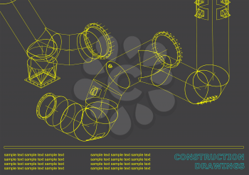 Drawings of steel structures. Pipes and pipe. 3d blueprint of steel structures. Cover, background for your design. Gray