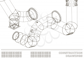 Drawings of steel structures. Pipes and pipe. 3d blueprint of steel structures. Cover, background for your design. White