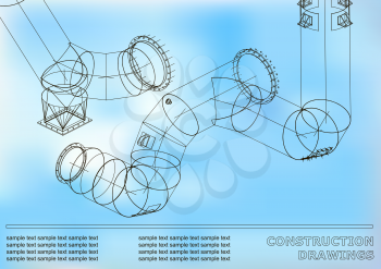 Drawings of steel structures. Pipes and pipe. 3d blueprint of steel structures. Cover, background for your design. White and blue