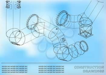 Drawings of structures. Pipes and pipe. 3d blueprint of steel structures. Cover, background for your design. White and blue