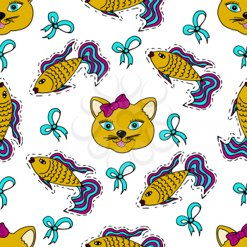 Kids, Cartoon seamless pattern. Lovely pictures for your creativity. Skarpbuking. Textiles, cartoon background. Cat, kitty, fish, goldfish, bows